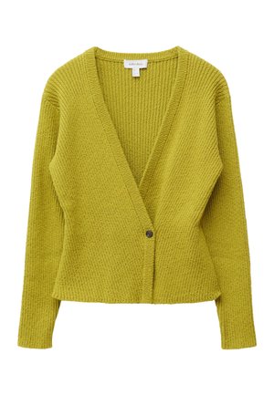 Kardigan od rebrastog pletiva s dugim rukavima u limeta zelenoj boji, s dubokim V-izrezom i jednim tamnim gumbom za zatvaranje na prednjem dijelu u sredini.
