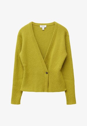 Kardigan od rebrastog pletiva s dugim rukavima u limeta zelenoj boji, s dubokim V-izrezom i jednim tamnim gumbom za zatvaranje na prednjem dijelu u sredini.