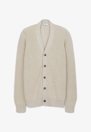 Beige gestrickte Strickjacke mit V-Ausschnitt, gerippten Bündchen und sechs dunklen Knöpfen auf der Vorderseite. Verfügt über ein strukturiertes Muster über die gesamte Oberfläche.