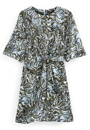 Knee-length dress with blue, green, and black abstract swirl pattern, 3/4 bell sleeves, and a front tie at the waist.