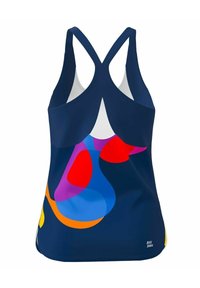 Marineblauwe racerback tanktop met levendige, abstracte vormen in rood, roze, oranje, blauw en paars; gladde stof met een getailleerd ontwerp.