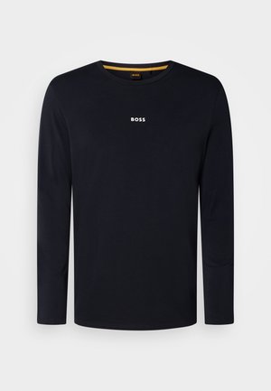 Navy long-sleeve shirt made of soft cotton, featuring a crew neck and a small white "BOSS" logo on the chest. Smooth texture.