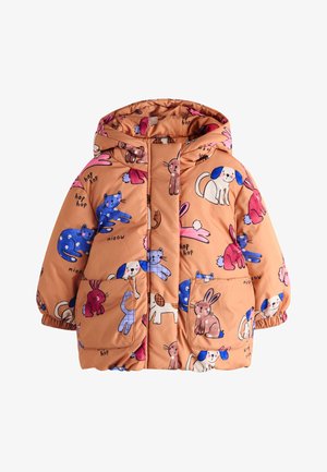 Gepolsterte Kinder-Kapuzenjacke mit mehrfarbigen Cartoon-Katzen, Hunden und Kaninchen auf hellbraunem Hintergrund, mit Fronttaschen und elastischen Bündchen.