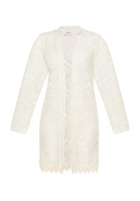 Cardigan lungo bianco in pizzo con apertura frontale, intricati motivi geometrici, orlo scallop e maniche lunghe. Tessuto leggero e traspirante.