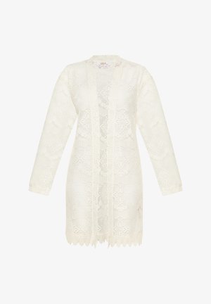 Biały długi kardigan koronkowy z otwartym przodem, skomplikowanymi geometrycznymi wzorami, falbanistym dołem i długimi rękawami. Lekki i przewiewny materiał.