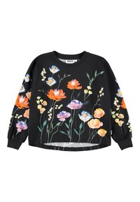 Svart hettegenser med livlige blomsterdesign i oransje, rosa, blå og gul. Løs passform med lange ermer og rund hals.