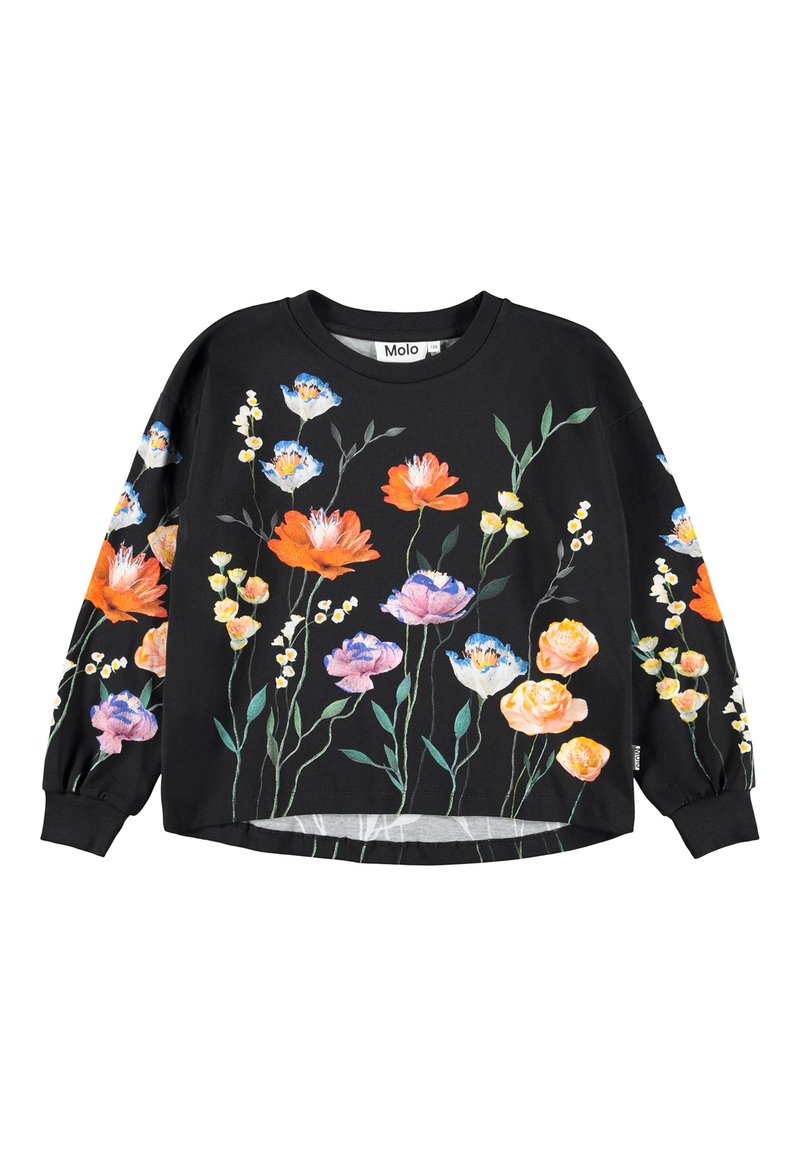 Svart hettegenser med livlige blomsterdesign i oransje, rosa, blå og gul. Løs passform med lange ermer og rund hals.