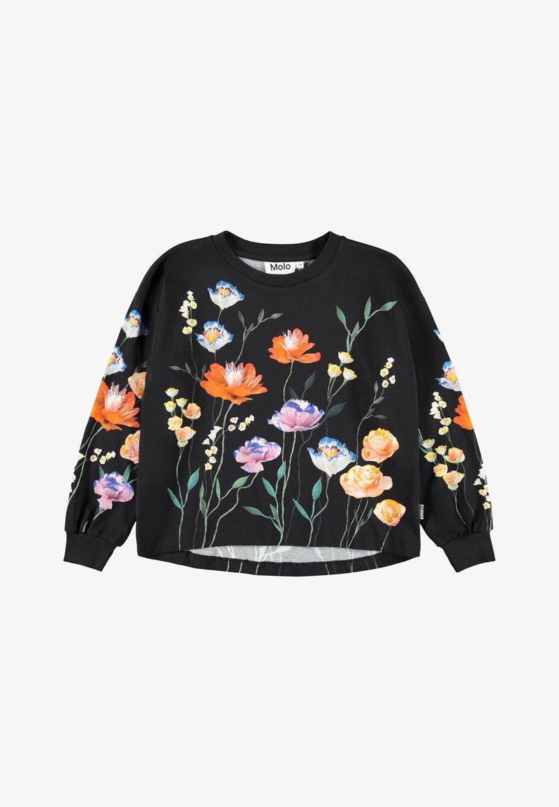 Sweatshirt preto com designs florais vibrantes em laranja, rosa, azul e amarelo. Corte largo com mangas longas e gola redonda.