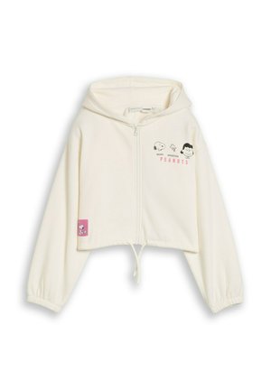 Cremeweiße Kapuzenjacke mit Reißverschluss und den Peanuts-Figuren Snoopy, Woodstock und Lucy auf der Brust gedruckt sowie einem pinken Snoopy-Aufnäher nahe dem Saum.