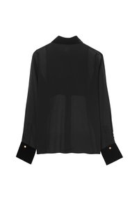 Schwarze transparente Bluse mit langen Ärmeln, Kragen und kontrastierenden schwarzen Samtmanschetten mit goldenen Knopfakzenten. Durchgehend transparente Textur.