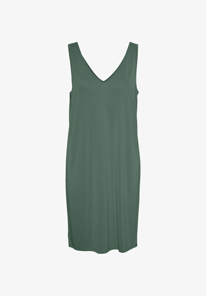 Zielona sukienka bez rękawów z dekoltem w kształcie litery V, wykonana z gładkiego materiału, o prostej sylwetce i długości do kolan.