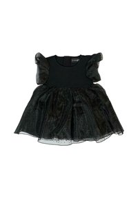 Czarna sukienka z dopasowanym gorsetem i warstwową spódnicą z tiulu. Tkaninę zdobią bufiaste rękawy oraz delikatne kropkowane wzory. Zapięcie z tyłu.