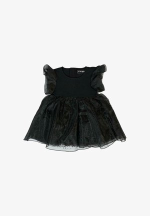 Vestito nero con corpetto aderente e gonna di tulle a strati. Maniche a sbuffo e delicati motivi a puntini adornano il tessuto. Chiusura posteriore inclusa.