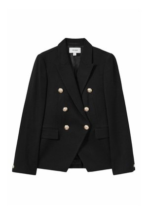 Blazer nero doppiopetto in tessuto testurizzato, con dettagli in bottoni dorati e due tasche frontali. Presenta un colletto a punte e una vestibilità sartoriale.