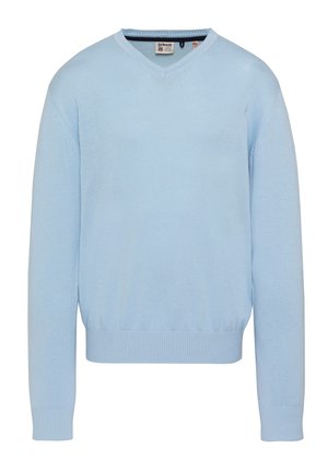 Maglione azzurro chiaro con scollo a V, maniche lunghe e polsini e orlo a coste, mostrato steso su uno sfondo bianco.