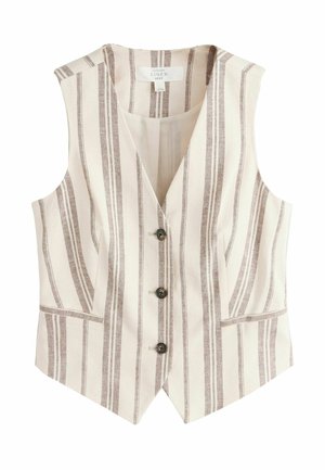 Ärmellose beige Leinenweste mit vertikalen braunen Streifen, drei vorderen Knöpfen und zwei Paspeltaschen.