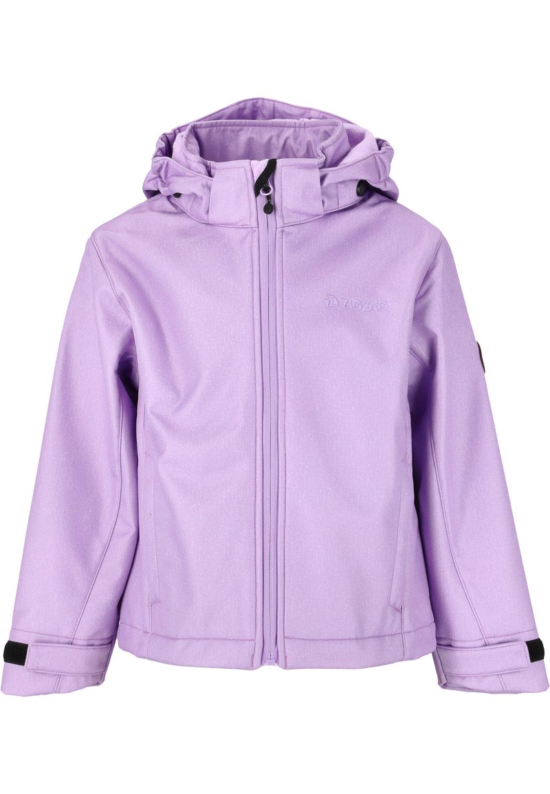 Veste violette imperméable avec fermeture éclair à l'avant, capuche réglable et poignets Velcro. Présente une texture lisse et un minimum de marque sur la poitrine.
