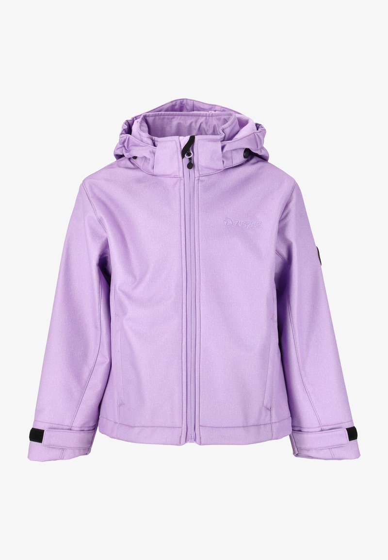 Veste violette imperméable avec fermeture éclair à l'avant, capuche réglable et poignets Velcro. Présente une texture lisse et un minimum de marque sur la poitrine.