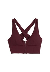 Burgundowy top sportowy typu bra, skrócony, z żeberkową teksturą, dekoltem w kształcie litery V i skrzyżowanymi ramiączkami z tyłu. Posiada zamek błyskawiczny z przodu.