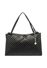 Borsa a tracolla nera trapuntata con un motivo a diamante testurizzato, due manici piatti e un accento in catena argentata attaccato alla cerniera.