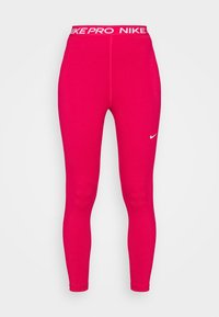 Dopasowane legginsy sportowe w jasnoróżowym kolorze, z białym logo Nike na lewej nodze oraz markowym pasem z napisem "NIKEPRO" w białym kolorze.