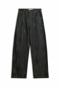 Dark denim jeans with a loose fit, featuring subtle vertical texture, yellow stitching, five pockets, and a classic button closure.