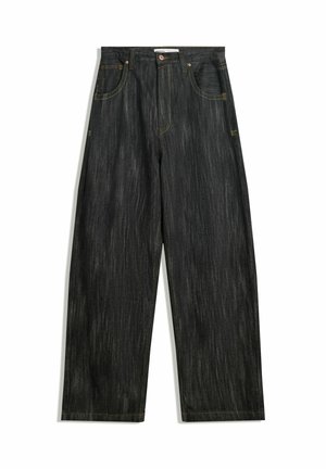 Dark denim jeans with a loose fit, featuring subtle vertical texture, yellow stitching, five pockets, and a classic button closure.