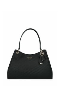 Borsa tote nera in pelle con finitura texture, caratterizzata da una parte superiore curva, doppi manici e un logo argento con un portachiavi in aggiunta.