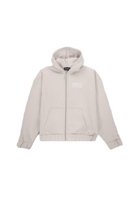 Lysegrå zip-up hoodie lavet af blød bomuldsblanding, med en kengurulomme, ribbede manchetter og en hætte med snoretræk. Diskret logo-detail.