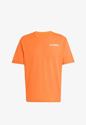 Bright orange short-sleeve athletic shirt with crew neck and white "TERREX" logo on the upper left chest.
