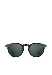 Occhiali da sole rotondi con montatura in plastica nera e lenti verde scuro. Caratteristiche includono sottili dettagli metallici sugli steli.