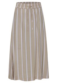 Beige midi szoknya függőleges fehér csíkokkal. Jellemzője a rugalmas derékpánt megkötő zsinórral. Puha, könnyű anyagból készült, amely áramló formájú.