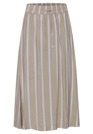 Bež midi krilo z navpičnimi belimi črtami. Ima elastičen pas s vezalko. Mehka, lahka tkanina z tekočo obliko.