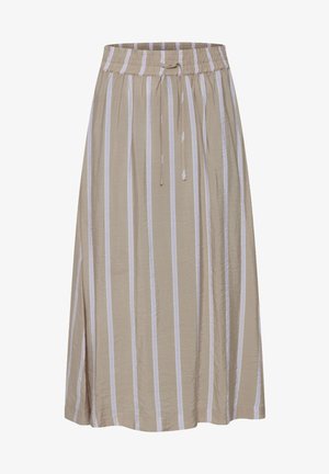 Bež midi krilo z navpičnimi belimi črtami. Ima elastičen pas s vezalko. Mehka, lahka tkanina z tekočo obliko.