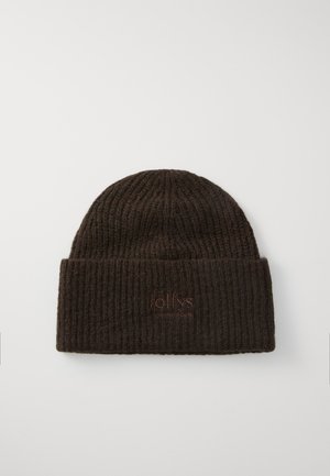 Barna bordázott kötött sapka hajtott széllel, narancssárga hímzett logóval. Texturált gyapjú anyag.