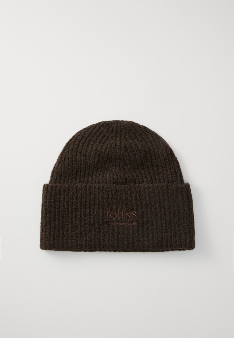 Brown ribbed knit beanie with a folded cuff, featuring subtle embroidered branding in orange. Textured wool material.