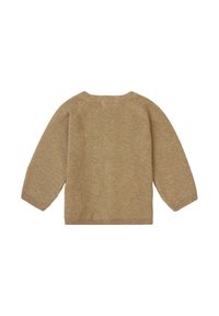 Beige tröja med långa raglanärmar, rundad halsringning och ribbade mudd. Texturerad stickad tyg, avslappnad passform, enkel design. Bakvy.