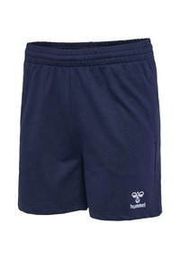 Short de sport bleu marine avec taille élastique et poches latérales, avec un logo hummel blanc sur la partie inférieure de la jambe gauche.