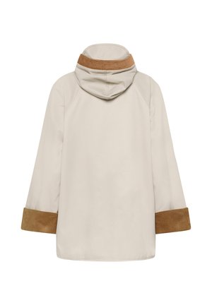 Gaiši bēša kapuce ar brūnu korduroja apdari uz kapuces malas un piedurkņu aprocēm, redzama no aizmugures uz balta fona.