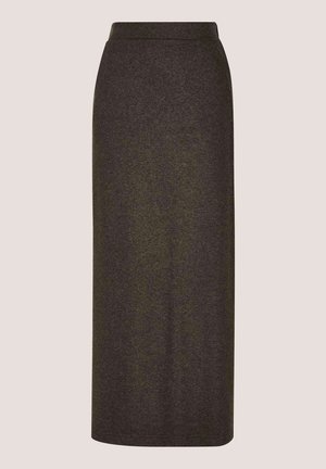 Dunkelbrauner Maxirock aus Wollmischung mit tailliertem Bund, gerader Silhouette und glatter Textur. Keine sichtbaren Muster oder Verzierungen.