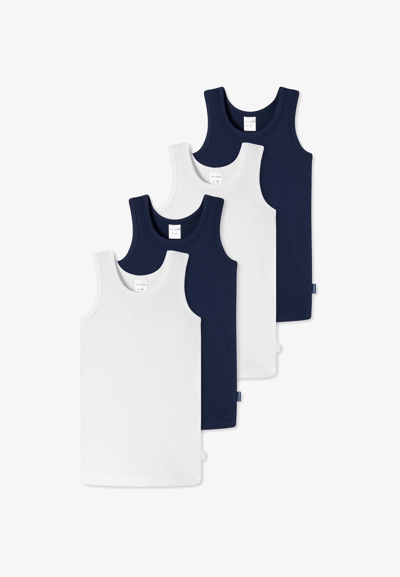 Quatre débardeurs en coton sans manches, alternant blanc et bleu marine, soigneusement empilés et étalés à plat sur un fond blanc.