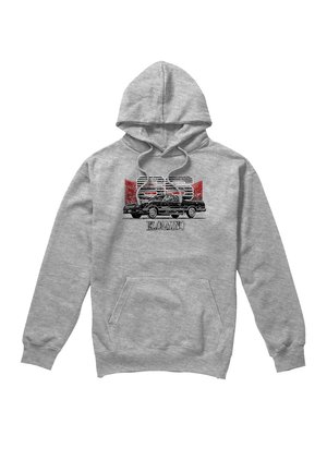 Grauer Hoodie mit einem grafikdruck eines schwarzen El Camino vor einem stilisierten Hintergrund mit roten Akzenten und dem Text "EL CAMINO."