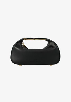 Sac à main en cuir noir avec poignée et pieds en métal doré, forme en croissant, logo embossé sur le devant, design structuré.