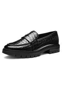 Black patent leather loafer with crocodile pattern, chunky ridged sole, and classic penny strap across the top.