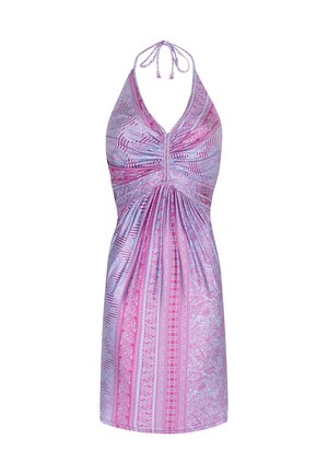 Halterkleid in Pinktönen mit Paisley- und Streifenmuster. Mit gerafftem Oberteil und fließendem Rock. Weiche Stoffstruktur.