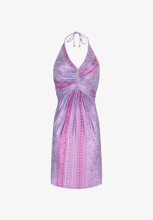 Halterkleid in Pinktönen mit Paisley- und Streifenmuster. Mit gerafftem Oberteil und fließendem Rock. Weiche Stoffstruktur.