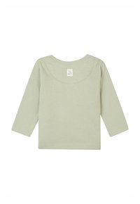 Lange mouwen shirt in lichtgroene katoen. Heeft een ronde halslijn en een klein label aan de achterkant met een eenvoudig vogellogo. Zachte textuur.