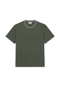 Olijfgroene katoenen t-shirt met korte mouwen, geribbelde ronde halslijn in contrasterend grijs, en reliëflogo op de borst.