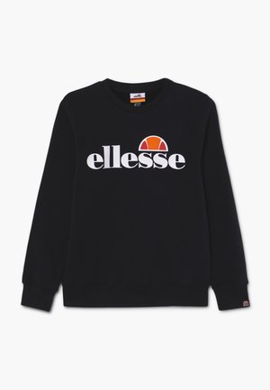 Czarna bluza z długim rękawem z białym logo „ellesse” i pomarańczowo-czerwonym półokrągłym emblematem na środku klatki piersiowej, małe logo na lewym mankiecie.