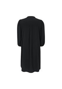 Robe noire longueur genou avec manches bouffantes trois-quarts et un pli central dans le dos, vue de dos sur fond blanc.